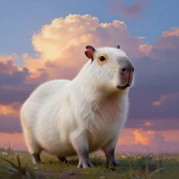 white capybara at halo reach, surreal photography, sunrise dramatic light, impressionist painting, colorful clouds, digital painting, artstation, kilian eng, john harris, bastien lecouffe - deharme, simon stalenhag, flower face