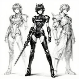 original anime character design black and white pencil and ink. sci - fi weapon. black tape project show attractive showgirl in armour!! full body with future head set!! sharp edge. ultra clear detailed. contour light effect!! 8 k. stage light. by artgerm, cushart krenz, greg rutkowski and alphonse mucha.
