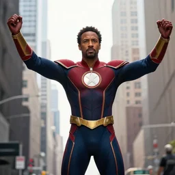 john david washington dressed as reed richards from fantastic four movie, his arms and stretched out like like stretch armstrong, hyperreal - h 6 4 0