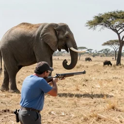 Cinematography the king Juan Carlos I of Spain shooting an elephant with a rifle in an african safari by Emmanuek Lubensky