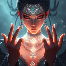 fingers, necklace, around the neck : 6 character design : 2 midnight, illusion, stunning, breathtaking, majestic, asian fantasy, digital render, line art, unreal engine, de - noise, 8 k, volumetric lighting, symmetrical, pronounced features, detailed contrast, scattered mist, glow 3 d alejandro alvarez alena aenami