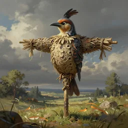 an intricate concept illustration of a bird on a scarecrow, by wlop, artstation, cgsociety, hyper realistic, photorealistic, digital painting