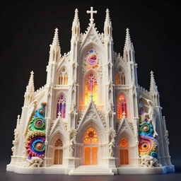 a hyperrealistic cgi render of a delicate ivory sculpture of an ornate detailed cathedral populated by mandelbrot fractals by android jones, micro detail, unreal engine, volumetric lighting, dramatic lighting, psychedelic, octane renderer, catholicpunk, glowing, white color scheme, photorealistic, physically based rendering, angelic, colorful, carved soap, trending on cgsociety