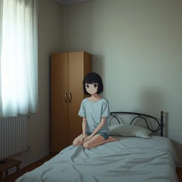 a film still of lone anime girl in white tshirt is sitting on poor bed in pale colors room in dark russian flat, anime, cinestill, makoto shinkai