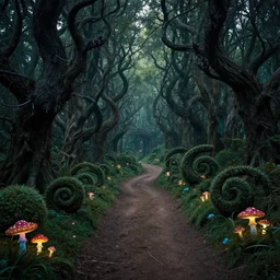 dirt path in the middle of an enchanted magical fantasy forest, twisting trees, spiralling bushes, spike - like branches, colorful glowing mushroom scattered, dark atmosphere, matte, by andreas rocha and stephan martiniere