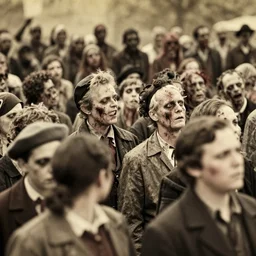 Old photo of a crowd of people, some of the people in the back are zombies