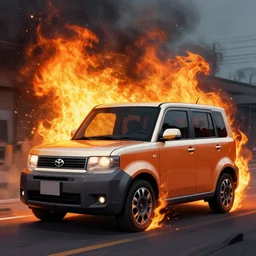 first generation scion xb, on fire, digital art