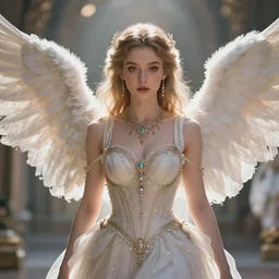 centered  waist up portrait of an angel wearing an incredible dress with jewelry, bokeh + DOF + 8k, photorealistic + unreal engine 5+ ultra realistic + backlit + strong rim light + HDRI, HD, ghibli, trending on artstation