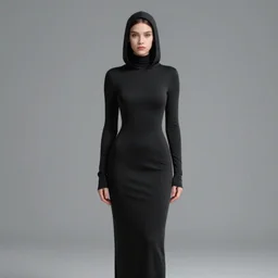detailed portrait a fashion model wearing black a black balenciaga full length dress, black balenciaga hood, 4 k, 3 d, render redshift render