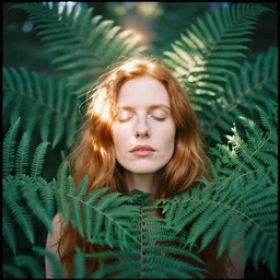 An analog head and shoulder frontal face portrait photography of a redhead woman behind multiple big fern leaves by Annie Leibovitz. Long hair. eyes closed. Agfa Vista 800 film. Sunshine. detailed. hq. realistic. Rembrandt light style. warm light. muted colors. lens flare. photoreal. Bloom and glare. Leica M9, f/1.4, ISO 800, 1/160s, symmetrical balance, in-frame