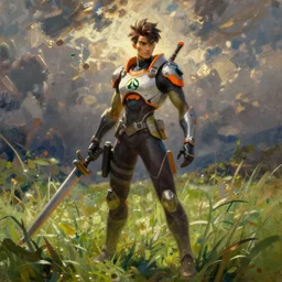oil painting of tracer overwatch in a field of grass, style of ivan aivazovsky, full body
