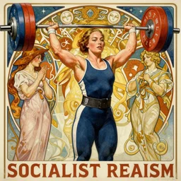 socialist realism propaganda poster of margot robbie as beautiful female weightlifter, socialist realism, highly detailed, intricate, digital painting, artstation, sharp focus, illustration, art by jakub rozalski, greg rutkowski, artgerm, tan zi and ayanamikodon and alphonse mucha and wlop