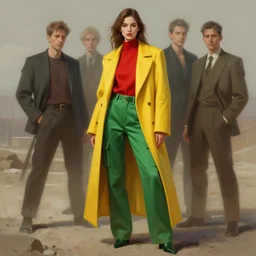 digital painting of beautiful woman wearing a red top, green cargo pants, long tailored yellow coat in a desolate environment by artgerm, thomas karpi, taras susak, artstation, intricated, detailed, fashion shoot, octane rendered, greg rutkowski