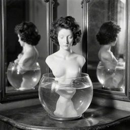 a vintage black and white photo of a woman in a fish bowl, a surrealist sculpture by Claude Cahun, tumblr, art nouveau, hall of mirrors, surrealist, 1920