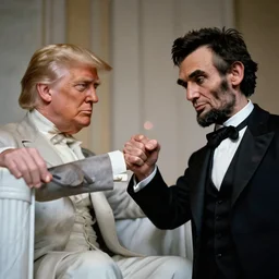 A beautiful hyper realistic detailed concept art of Abraham Lincoln punching Donald Trump, center framing, soft focus, natural lighting, f2, 50mm, hasselblad, film grain, portrait lighting, light leaks