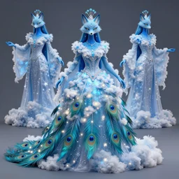 3 d model of a star skinned blue fox peacock druid wearing magically imbued ethereal elven ball gown made from clouds and peacock feathers with fairy lights inside the clouds to resemble stars, cloud mage robes, fantasy, proper anatomy, dungeons and dragons, fantasy art, in the style of the dragon prince on netflix, in the style of arcane the series on netflix