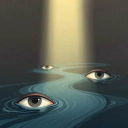 minimalist illustration by karolis strautniekas and mads berg, floating eyes, melting into rivers, colorful, fine texture, detailed, muted colors, film noir, dramatic lighting, dynamic composition, vivid, matte print, wide angle, ( ( sunbeams ) ), moody, extreme perspective