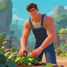 tall muscular man in overalls tending to a garden. ralph horsley, rossdraws, matte painting, stylized background, cinematic lighting, maya, pixar, unreal engine, artstation