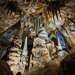“ an underground cave with stalactites and stalagmites in stained glass. by antoni gaudi. ”
