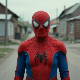 street photograph of a real communist granny spiderman in rural russia, cinematic shot, ultrawide shot, closeup, red blue