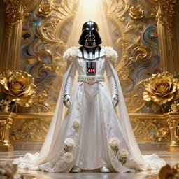 perfectly - centered!! looking at the camera!!! low - angle!! full body portrait of white darth vader dressed in wedding dress, clothed, with roses, wet, shiny, shiny skin, bright lighting, godrays, golden, baroque style, roses, intricate abstract upper body intricate artwork, by tooth wu, wlop, beeple, dan mumford. concept art, octane render, deviantart, greg rutkowski, cinematic arthouse, key art, hyper realism, iridescent accents