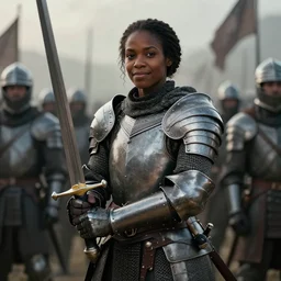 cinematic artwork of a black female medieval commander in front of her army, holding his sword with a slight smile on her face by greg rutowski, 4 k, masterpiece