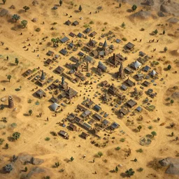 an intricate matte painting of top down wild west city in desert rpg battle map,very clear image, no blur, by Christophe Vacher and Bastien Lecouffe-Deharme, trending on artstation