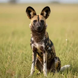 an african wild dog half sitting up on the african plains, friendly, long grass, sparkling water, glistening, hyper realistic, hyper detailed, digital art, trending in artstation, cinematic lighting, studio quality, smooth render, unreal engine 5 rendered, octane rendered, by paul lehr