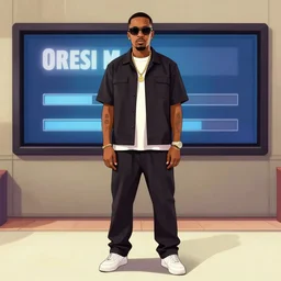 full body of Orelsan with sunglasses GTA V loading screen illustration in the style of Stephen Bliss, uncrop, uncropped Orelsan very detailed GTA illustration from Stephen Bliss, full body Orelsan trending on artstation, Orelsan trending on deviantart, symmetrical face Orelsan, GTA V