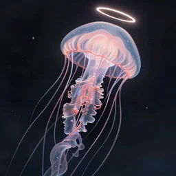 hyperdetailed digital illustration of a voluptuous jellyfish, matte illustration and halo with cyberpunk details. seen from the distance. hd matte background