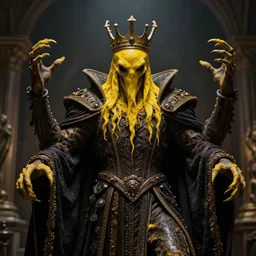 the king of darkness with 4 hands, yellow, head covered, scary, evil, cinematic, award winning, hd, art, hell, 3 d, depth of field, highly intricated, photorealistic, monster, victorian, goth
