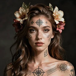 balanced portrait with skin tattooed mystic symbols long flowers nested in the hair, intricate, digital art, karol bak style of gaston bussiere