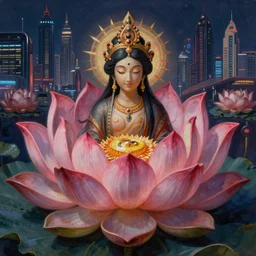 Beautiful art of the flower queen goddess on a lotus, centered, symmetry, with the third eye on her forehead, painted, intricate, volumetric lighting, beautiful, rich deep colours masterpiece, sharp focus, ultra detailed, in the style of Dan Mumford and marc simonetti, with a clear crowded futuristic cyberpunk dubai city in the background, astrophotgraphy