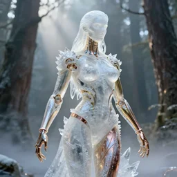 white pearlescent, chrome, iridescent titanium, crystal, liquid gold, copper, bronze hybrid biomechanical ice sculpture, by h. r. giger, cinematic forest lighting, crystalline masterpiece incrustations, hyperdetailed metalwork, in volumetric soft glowing mist, elegant pose, movie still, octane render, unreal engine, crepuscular rays,