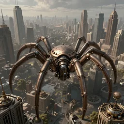 enormous city-sized mechanical spider, steampunk art