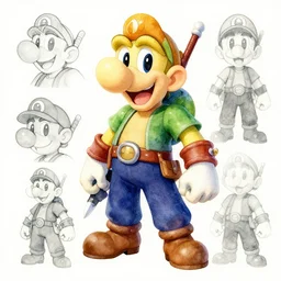 waluigi as a character in a japanese fantasy RPG, concept art, full body illustration, water color