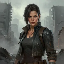 battle hardened, charismatic, rugged fallout 5 female character, face centered portrait, confident, ruined cityscape, fog, rain, volumetric lighting, illustration, perfectly shaded, soft painting, art by mark kent, jordan lamarre - wan, igor kieryluk, maxim verehin, miranda meeks