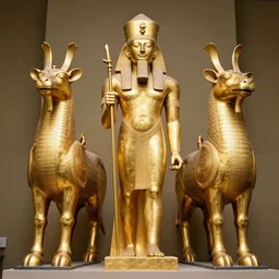 gold statue of gilgamesh flanked by gold lamassu