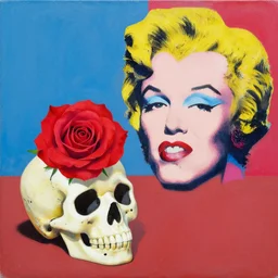 a beautiful painting lovely toy skull, rose, by kusama yayoi and warhol / pop art color screen printing