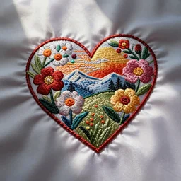 beautiful satin stitch hand embroidery of a heart with flowers