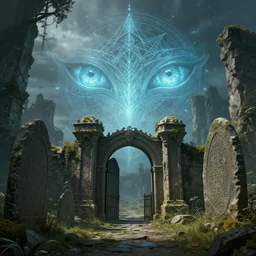 ancient overgrown ruins, medieval gates, runestones, nostlagia, mysetrious etherial mesmerizing runic cat eyes, magical elven geometry, concept art by tyler edlin, deviantart contest winner, environmental art, high detail
