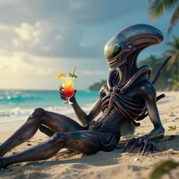 a xenomorph alien relaxing on a beach in jamaica with a cocktail, cinematic lighting, directed by dennis villeneuve, national geographic, award winning, artstation, unreal engine 5, octane, redshift