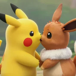 close up of pikachu and eevee kissing, cinematographic shot, by daniel f. gerhartz