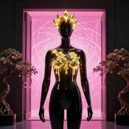 beautiful mannequin sculpted out of black glass by billelis + lit with geometric neon dripping gold + wearing a crown of beta fish, doorway opening with neon pink geometric fractal light + flowering bonsai trees!!!!!!!!!!, transcendent, clean linework, dramatic, finely detailed, 4 k, trending on artstation, award winning, photorealistic, volumetric lighting, octane render