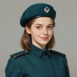 portrait of young woman with light brown shoulder length hair and hazel eyes dressed in a sharp dark teal military uniform and beret, smiling, ilya kuvshinov, svetlana tigai, greg rutkowski, anime, digital art, painting