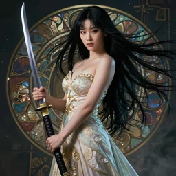 dslr photo of beautiful erza scarlet wearing a elegant dress with asian and russian facial features, standing holding a katana that is very detailed, portrait photo, real photo, real camera, extreme detailed face and body, high quality, moody lighting, fast paced lines, sharp quality, artgem, enchanting lighting, 8 k, art by alphonse mucha and greg rutkowski