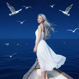 a young thin good looking white woman with sliver long hair wearing a long white dress, on a boat flowing in the deep blue starry sea, flying white birds, sea animals, hyperrealistic, highly detailed, fairytale by gustav klimt, whole body, look back, smiling slightly
