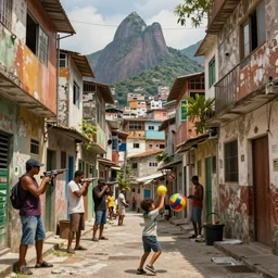 photorealistic  favela rocinha rio de janeiro with precise rendered alleys with intricate details of gun happy people in alley close view of kid playing with colorful ball and flying kit   by  Justin Gerard