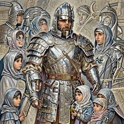 portrait of male epic armored war commander hugging female kids with hijab. highly detailed, digital painting, concept art, smooth, sharp focus, illustration, art by greg rutkowski