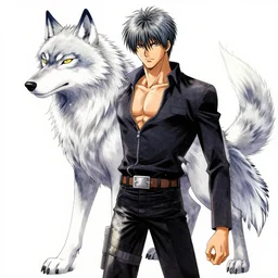 stunning character design by kentaro miura of a half wolf half man hybrid
